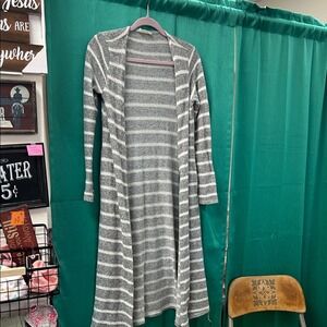 Knit cardigan, Peach Love California grey & white striped long dusterSize Small